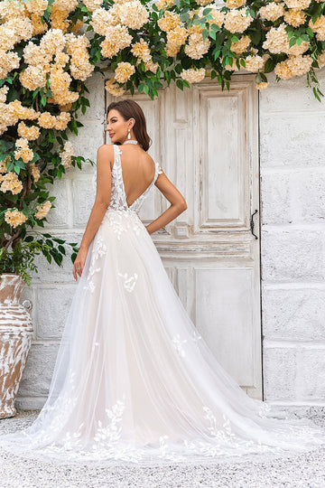 Vestido de Novia A Línea Cuello en V Champán Tul Encaje
